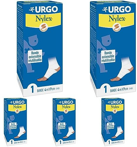 Urgo - Bande Extensible - Fixation Pansements/Maintien des articulations - Réutilisable - 4 m x 7 cm (Lot de 5)