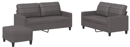 vidaXL Sofagarnitur 3-TLG., Sessel Couch mit Kissen Fußhocker, Sofa Wohnzimmersofa mit Armlehnen, Couchgarnitur Designsofa Sitzmöbel Polstermöbel, Grau Kunstleder