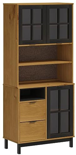 vidaXL Brown FLAM Highboard-Solid Pine Wood-Durable-Rustic-Black Handles-Easy-to-Clean-Ample Storage Space-31.5x15.7x70.9, Null X Null X Null Null, 3196553
