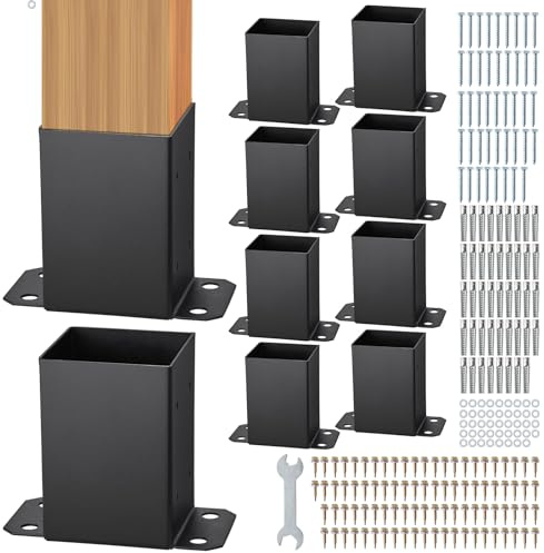 VEVOR 101.6x101.6mm Post Base 10 Pcs, Inner Size 91x91 Post Base Brackets, Heavy Duty Powder-Coated Post Anchor Matte Black Wood Post Brackets for Pavilion Deck Railing Support Deck Base Plate