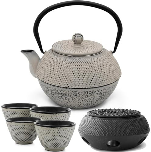 Bredemeijer Asia Teekanne Gusseisen Set 1.1 Liter - grauer Teekessel & Edelstahl Tee-Filter Sieb-Einsatz für losen Tee & Teebecher (4 Tassen) & Stövchen