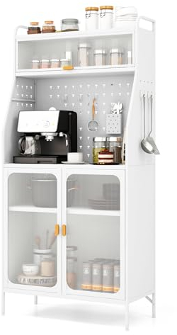 COSTWAY Küchenschrank, Küchenbuffet Metall mit Steckbrett & verstellbarem Regal, Hochschrank mit 8 Haken & 1 Hängekorb, Buffetschrank für Küche Wohnzimmer Büro Esszimmer, 76 x 36 x 161 cm, Weiß