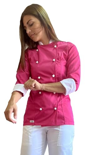 tessile astorino Giacca Cuoco Donna Personalizzata Casacca Chef da Cucina Fucsia/Bianca per Ristorante Pizzeria Hotel Pasticceria Divisa da Lavoro Personalizzabile