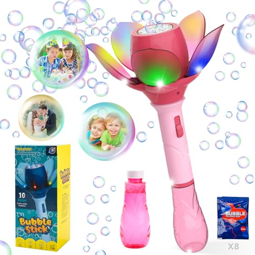 DAOUZL Blumen Seifenblasenstab LED, Elektronische Seifenblasenpistole Kinder 10000+ Blasen/Minute, Elektrisch Seifenblasenspielzeug mit 120ml Seifenblasenlösung und 80ml Seifenblasen Nachfüllflasche