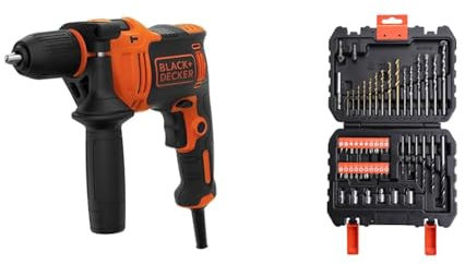 BLACK+DECKER BEH710K Taladro Percutor con Cable 710 W, Portabrocas 13 mm, Impactos 0-47.600 ipm & A7188-XJ Kit de 50 Piezas, Brocas de Titanio para Metal 5-6 mm, Brocas para Mampostería