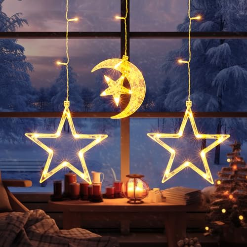 GlobaLink Sternen-Mond-Lichtervorhang 43LED mit Timer | 8 Modi, batteriebetrieben, für Kinderzimmer und Hochzeit