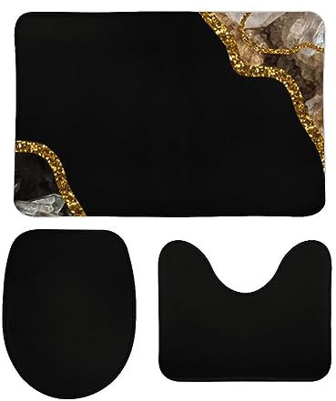 U-Förmiger Teppich Schwarzer & Goldener Glitzermarmor Wc Vorleger Set 3 Teilig Waschbar Badezimmer Vorleger 3-Teiliges Weiches Badezimmer-Garnitur Für Badewanne Dusche Badezimmer