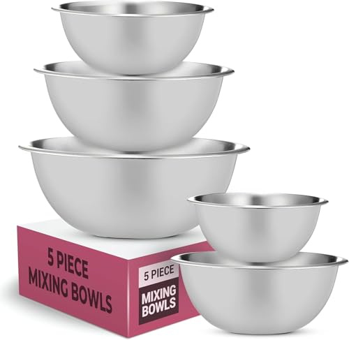 GARUET Lot de 5 bols à mélanger en acier inoxydable avec prise en main facile pour la pâtisserie, la cuisine, la salade et la préparation des aliments – Bols gigognes en métal (5, blanc)