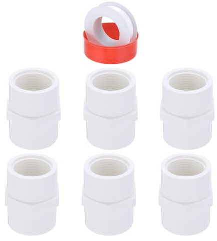 sourcing map 6 Pcs 3/4 PVC Female Adapter Pipe Fitting Fit for SCH40 Slip Coupling Female to Female Threaded Pipe Coupling Connector with Sealing Tape, Socket x NPT Female, White