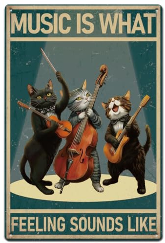SUPERDANT Cat Music Vintage Metal Tin Sign Music Is What Feeling Sounds Like Retro Metal Tin Signs Music Theme Room Signs Kitten Wall Arts for for Home Bars Cafe Pubs Vintage Wall Decoration