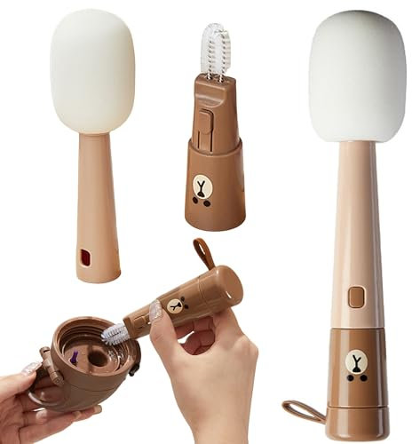 WYFCR 3 in 1 spazzola per bottiglie con manico lungo e cannuccia di bambù Spazzola per pulizia,Spazzola multifunzionale per la pulizia delle bottiglie d'acqua
