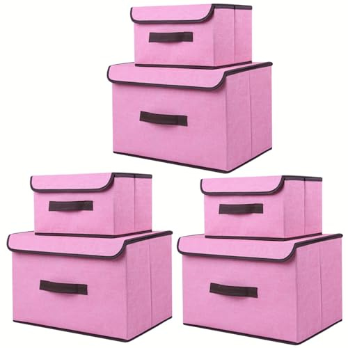 EURXLQ 6 Rosa Faltbare Aufbewahrungsbox mit Deckel 36 cm/3 pack+26 cm/3 pack,Leinen Stoff Faltbare Lagerung Bin mit Flip-Top-Deckel & Griffe,Kleidung Decke Box für Haus,Kleiderschrank