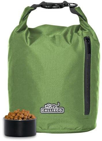 Callieco Dog Food Travel Bag w/ 1 Cup Scoop and Zipper Side Pocket | Waterproof Kibble Storage Container for Home, Road Trips, Camping, Boarding and More (Green, 64 Cups)