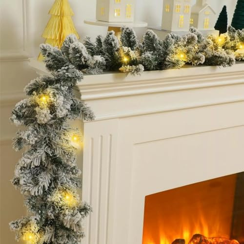 2.7m / 9ft Snow Flocked Christmas Garland with 50 Led Lights, Snowy Artificial Christmas Garland Winter Frosted Holiday Garland Decorations White Cedar Garland Decorative Xmas Decor