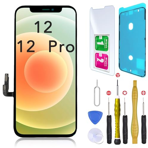 CINQ TEQ Ecran LCD de Remplacement pour iPhone 12/12 Pro (A2172, A2402, A2403, A2404 pour iPhone 12) et (A2341, A2406, A2407, A2408) avec Joint d’ecran + Verre trempe et Kit
