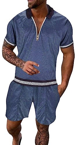 Sportanzug für Herren, lockerer Sommeranzug, 2-teilig, bedruckt, Strand, Sets, Knöpfe, Reverskragen, Reißverschluss, elastisch, kurzer Trainingsanzug, Dunkelblau, 5X-Large