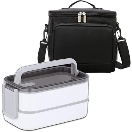 ZCircle Insulated and stackable 2-Layer Bento Box Set for Adults/Men/Women - 10L Large Thermal Leak-Proof Oxford Lunch Bag for Work/Picnic/Travel (Black), Lunch Box(White) Lunch Bag(black)