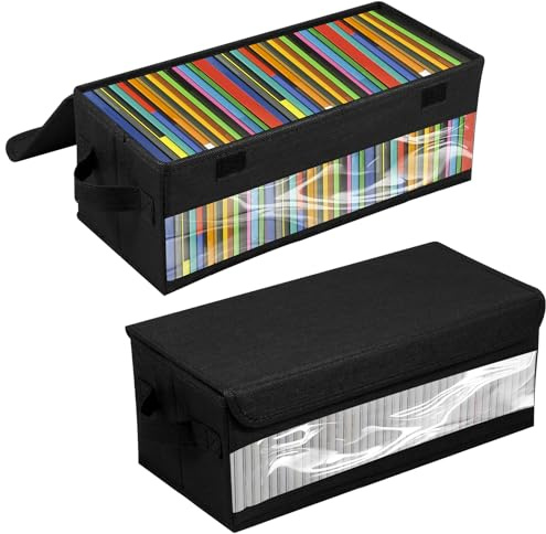 Caffney 2 Pack CD Storage Boxes DVD CD Case Storage with Window and Handle Foldable CD Organizer Box with Lids Dust Proof Holds 30 CDs in Full Jewel Cases, 60 CDs in Slim Cases, and 165 Discs
