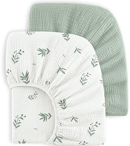 bearmoss Lot de 2 draps-Housses en Mousseline de Coton pour Enfant 60 x 120 cm / 70 x 140 cm 100% Coton pour lit de Voyage, lit d'appoint (Imprimé Blanc, 70x140cm)