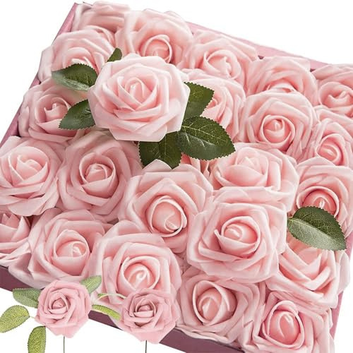 Omnikryp 25 Stück Künstliche Rosen, Künstliche Blumen, Kunstblumen, Rosen Blumen Schaumrosen, für DIY Hochzeitsfeier, Valentinstag, Muttertag, Babyparty, Zuhause Dekoration (Champagner Rosa)