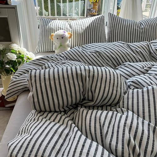 Set copripiumino, completo biancheria da letto Queen in cotone, tinta unita semplice, a righe in cotone seersucker, 4 pezzi, super morbido, confortevole e traspirante, set di decorazioni per la casa
