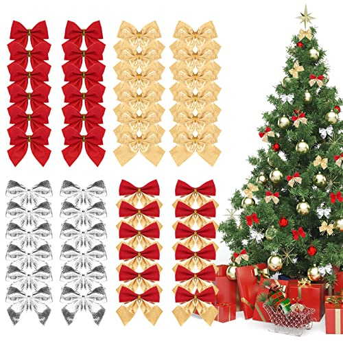 Kesote Noeud Sapin de Noel 48 Pcs Rouge Noeud de Ruban de Noel Decoration Sapin Noël 4 Couleurs