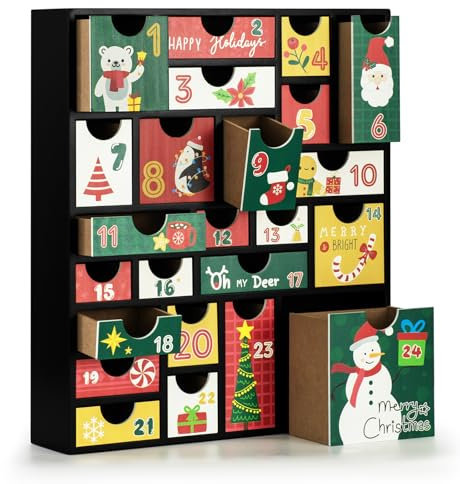 Xmas station Christmas Advent Calendar with 24 Drawers Countdown to Christmas Decoration to Fill Small Gifts, Refillable Wooden Advent Xmas Gift for Kids (Black & Colorful)