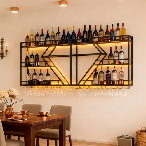 KEPMOGOH Wall Mounted Wine Rack, Diamond Shaped Bar Shelves with Wine Glass Holder, Metal Wine Bottle Holder, Liquor Shelf Wine Storage Rack for Home Restaurant Bars Decor (Black, 3 Tier, 160CM)