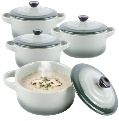 Ramekins with Lids and Handle Set of 4, 200ml - 7oz Porcelain Ramekins, Ceramic Souffle Dishes, Ramakins Oven Proof, Creme Brulee Dish for Cakes,Pudding,Ice Cream and Sauce,Air-fryer Safe (Green)