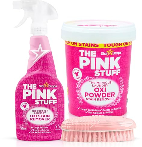 Pink Stuff Oxi Powder Stain Remover & Multi-Purpose Fabric Cleaning Spray with APHY Scrubbing Brush – Laundry & Clothing Stain Removal Bundle for Clothes, Fabrics, and Laundry Care