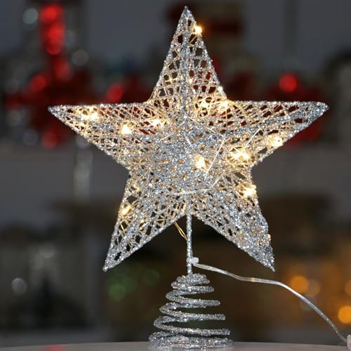 ENLACE Weihnachtsbaumspitze Stern Silber mit 20 LED Lichterkette, Glitzer Christbaumspitze Stern 20x25cm,Baumspitze Weihnachten in Warmweiß,Beleuchtet Tannenbaum Spitze Weihnachtsdeko Silvester
