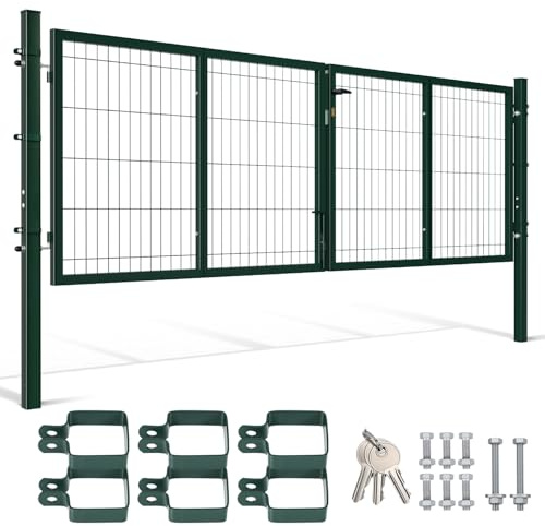 Peviasot metall trädgårdsgrind 300 x 100 cm grön, robust staketgrind hoftor av galvaniserat stål, kvadratrör, trädgårdsdörr för trädgårdsstaket inklusive handtag, lås + 3 nycklar