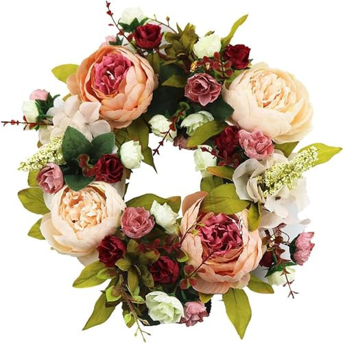 SogYupk Door Wreaths, 30CM Artificial Peony Flower Front Door Wreath for Spring Summer, All Seasons Floral Door Wreath for Farmhouse Office Home Wedding Party Decoration