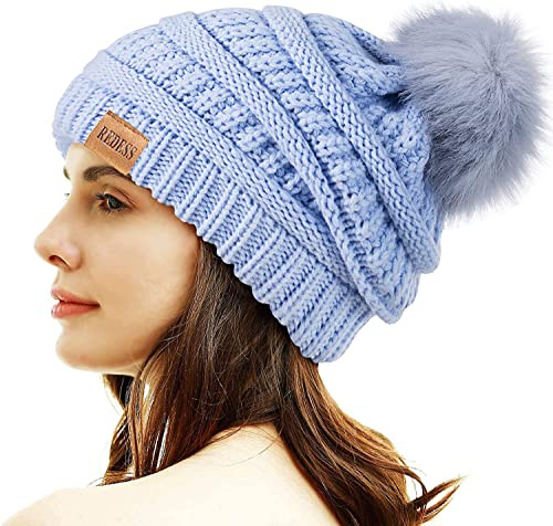 REDESS Damen Winter Pom Pom Beanie Mütze mit warmem Fleece gefüttert, Dicker Slouchy Snow Knit Chunky Baggy Skull Ski Cap