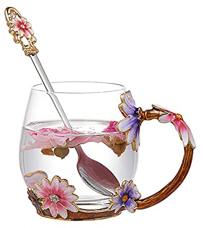 evecase Enamels Daisy Flower Tea Cup/Coffee Mug with Spoon Set, Gifts for Women/Wife/Mum/Teacher/Friends,Mothers Day,Birthday,Christmas,Pretty Mug(Purple)