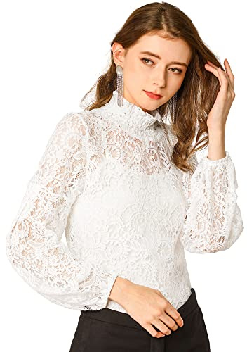 Allegra K Chemisier Femme en Dentelle Floral Col Montant Chemise Manche Longues Semi-Transparent Haut Chic et élégant Blanc S