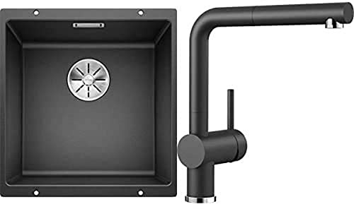 BLANCO Spül-Set in anthrazit – SUBLINE 400-U – Spülbecken für 50 cm Unterschränke – Granitspüle aus SILGRANIT – Unterbau + LINUS-S – Küchenarmatur in SILGRANIT-Look – mit herausziehbarem Auslauf