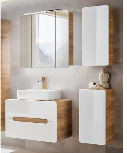Lomadox Badezimmer Möbelset mit Keramik Waschtisch LUTON-56 in Hochglanz weiß mit Wotan Eiche Nb., B/H/T ca. 130/200/46 cm