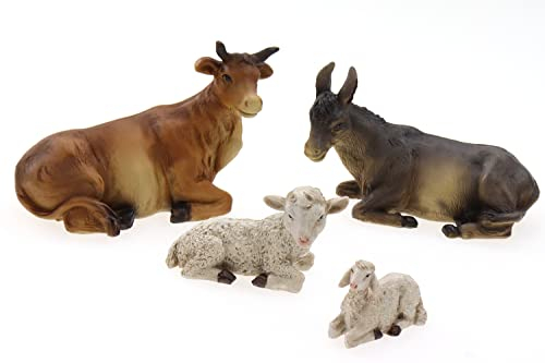 ELLUG Krippenfiguren Tiere 4er Set Ochse, Esel, Schaf, Lamm als Ersatzfiguren Tierfiguren Krippenzubehör Weihnachtskrippe max. H.: 7,5cm / max. L.: 10cm