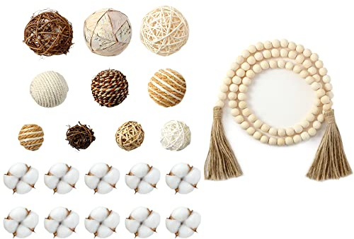 Jutom 20 Pieces Decorative Balls for Bowls, Assorted Decorative Balls Set, Bowl Filler and 58 Inches Wood Bead Garland with Tassels for Table Vase Filler (Wood Color)