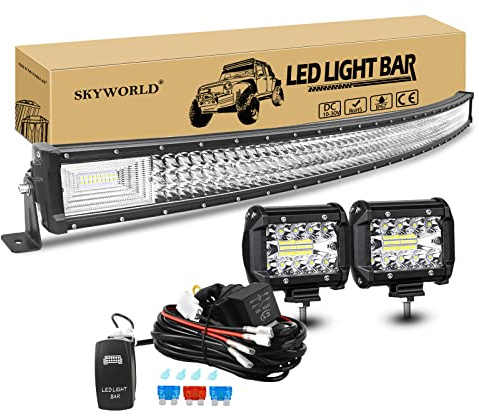 SKYWORLD Gebogen LED Arbeitsscheinwerfer Bar, 132cm 675W Led Lichtleiste Offroad Beleuchtung, 2 X 10cm 60W Zusatzscheinwerfer LED Strahler mit 12V kabelbaum Kit Auto SUV LKW 4x4 Rückfahrscheinwerfer
