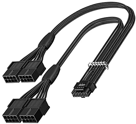 Fasgear PCI-e 5.0 Verlängerungskabel, 16Pin (12+4) Stecker auf PCI-E 5.0 4x8 (6+2) Pin Buchse Sleeved Verlängerungskabel, 40cm 12VHPWR(12V-2x6) Kabel für GPU RTX 3090Ti 4080 4090 4070Ti 5090(Schwarz)