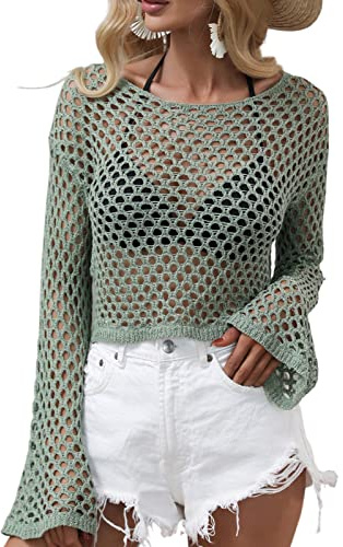 FeMereina Camiseta de punto de ganchillo de manga larga para mujer, con agujero hueco, rasgado, suéter, puentes de red de los años 90, camisa de calle E-Girl, verde, S