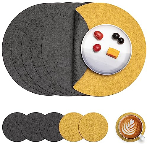 Myir JUN Tischsets abwaschbar Leder und Untersetzer doppelseitig Platzset | Platzset Rund Ø 36cm 6er Set rutschfest Glasuntersetzer Platzdeckchen Kunstleder Tischset (Grau Gelb, 6er Set)