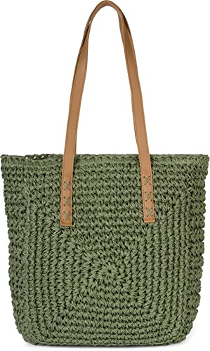 styleBREAKER Papierstroh Schultertasche mit langen Henkeln | Damen Basttasche Korbtasche geflochten mit Reißverschluss | Boho Shopper Sommertasche 40 x 40 x 5 cm, Farbe:Oliv