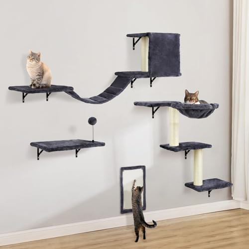 SLFYFC Muebles de Pared para Gatos, Juego de Escalador para Gatos con estantes de Pared para Gatos, Perchas, casa de condominio, Escalera, Tabla de rascar y árbol, 5 Piezas de Muebles de Madera para