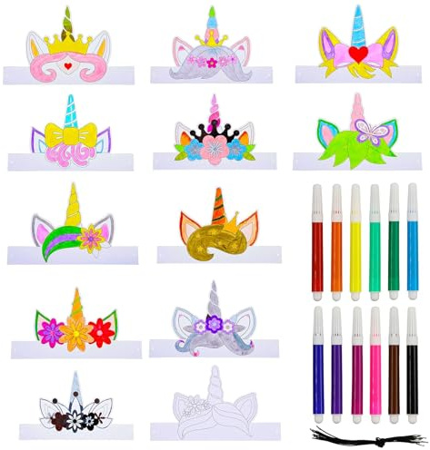 Einhorn Kinderkronen zum Ausmalen,12Farbigen Stiften+12Einhorn Maske | Einhorn Basteln Masken, Einhorn Kreativ Partymasken, Einhornmaske Set,Kinderparty Spiele Bastelset
