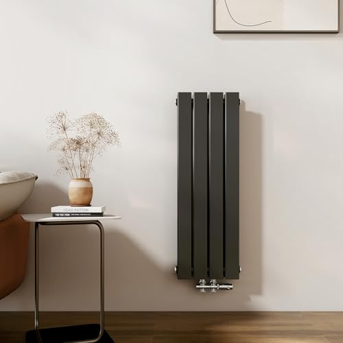 EMKE Design Heizkörper Klein 900x304 mm Vertikal Flachheizkörper mit Mittelanschluss, Doppellagig Paneelheizkörper Wandheizkörper für Bad, Schlafzimmer & Wohnzimmer, Schwarz 559W
