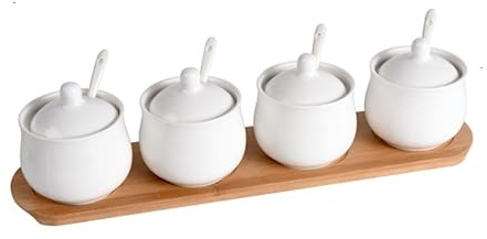 Azucarero Salero Botes Especias Juego De Botellas De Condimentos De Cerámica Con Tapa De Cuchara Y Bandeja De Madera, Conjunto De Caja De Condimentos, Tarros De Condimentos Para El Hogar Frascos Espec