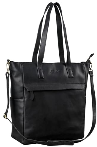 Benthill Shopper Damen Leder Groß - Ledertasche mit Reißverschluss - Umhängetasche aus Echtleder - Handtasche Vintage, Farbe:Schwarz